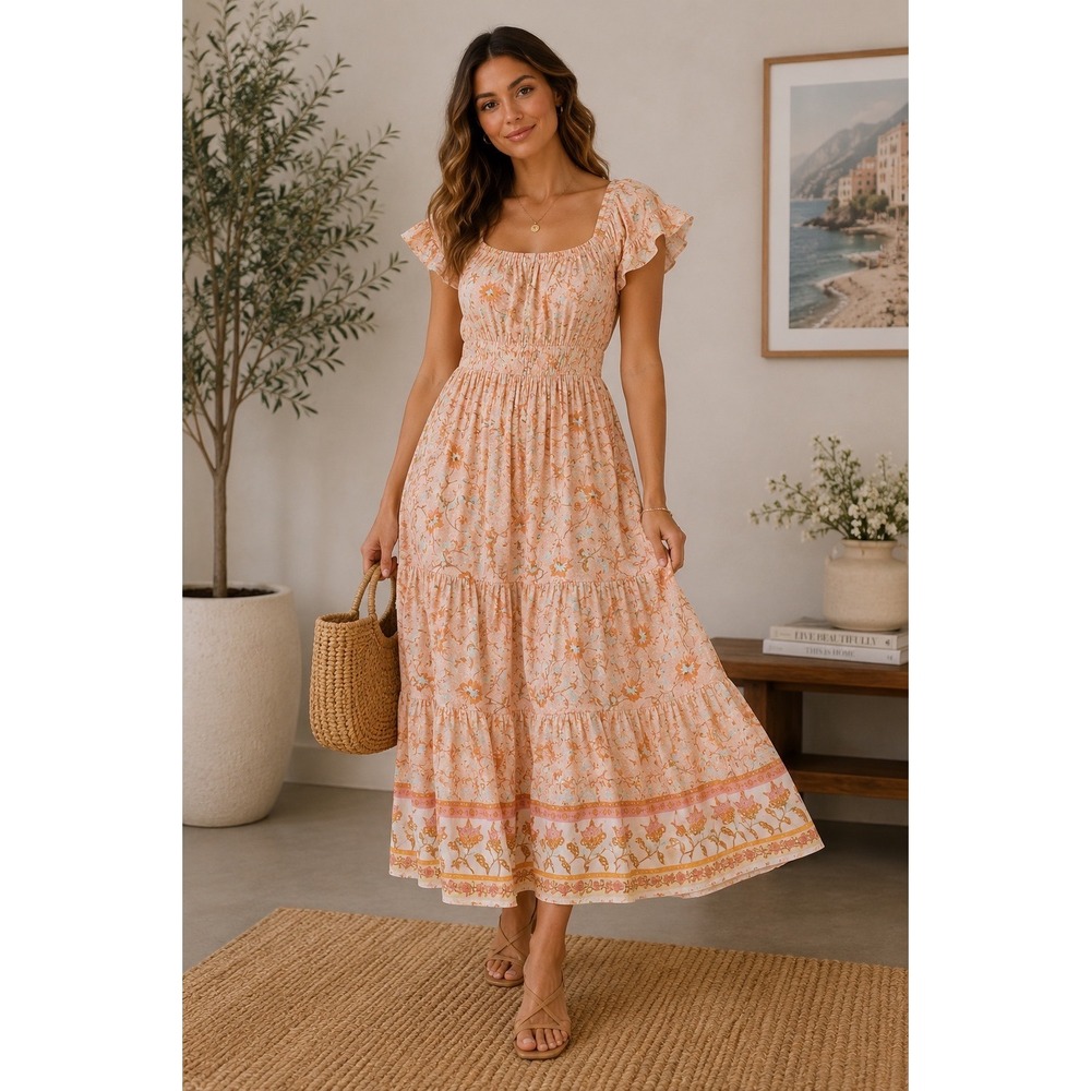 Hayden Los Angeles Cottagecore Floral Paisley Tiered Midi Dress Womens‎ Boho L